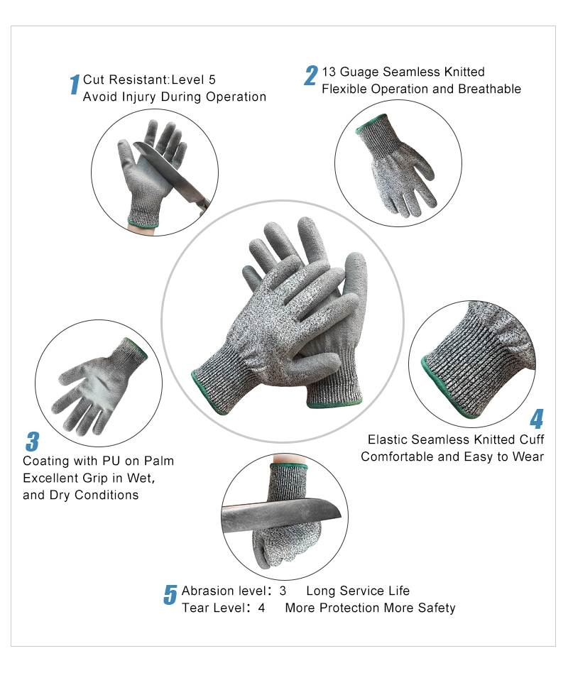 Hand Protective Hppe PU Coated Cutting Proof Work Safety Cut Resistant Working Glove