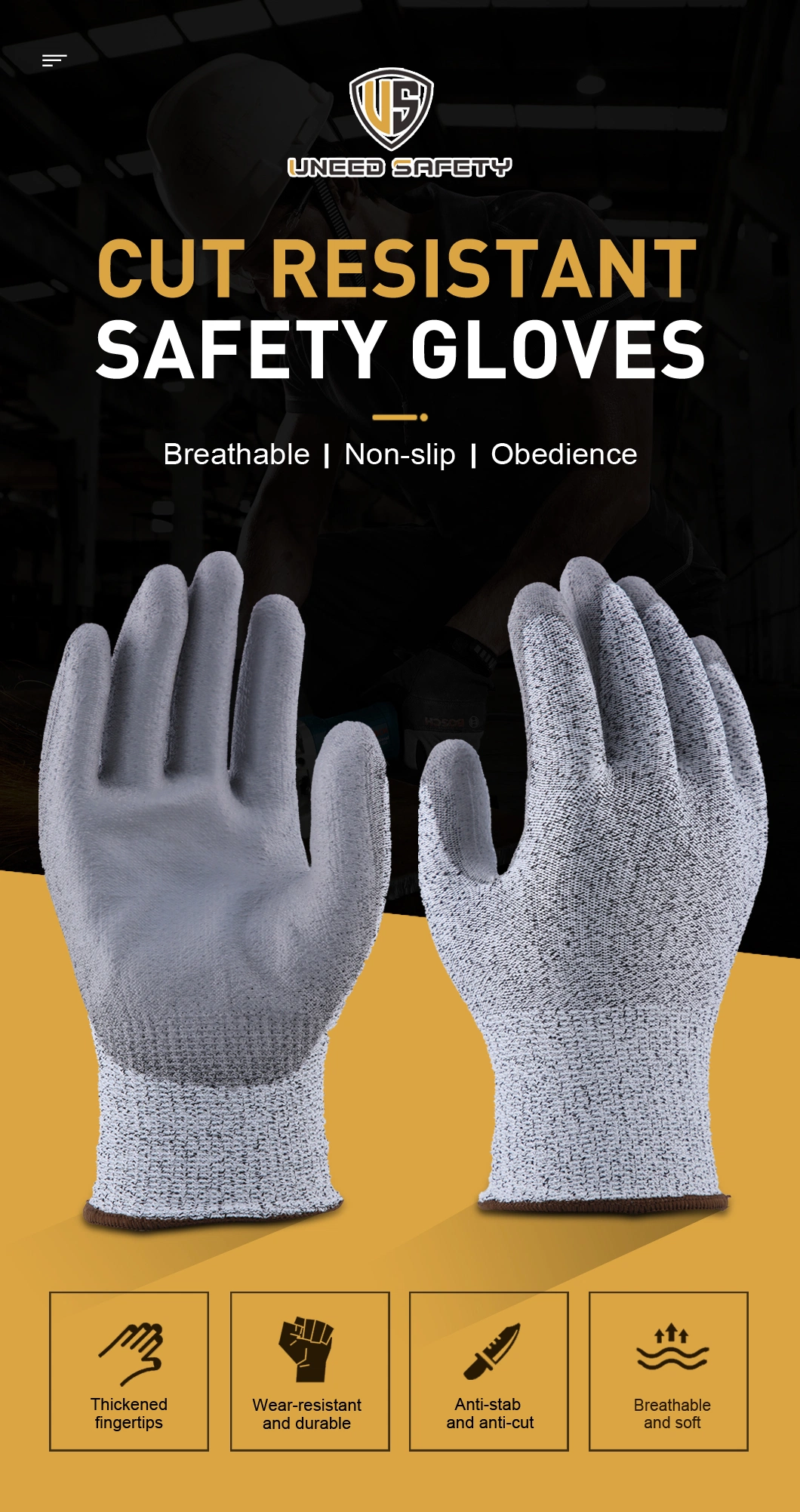 Hppe Industrial Fiber Anti Cut Resistant White Gray PU Coated Wholesale Protective Working Labor Working Safety Work Gloves