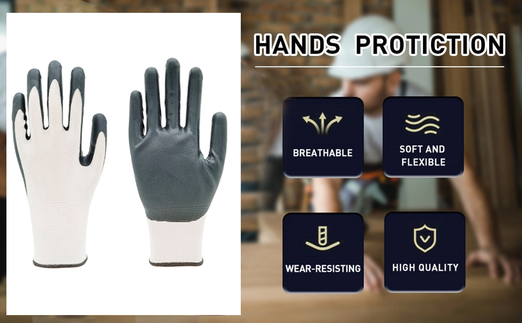 Factoryshop 13gauge Polyester Liner Gray Nitrile Palm Dipped Coated Protective Safety Work Industrial Construction Labor Hand Working Best Gloves