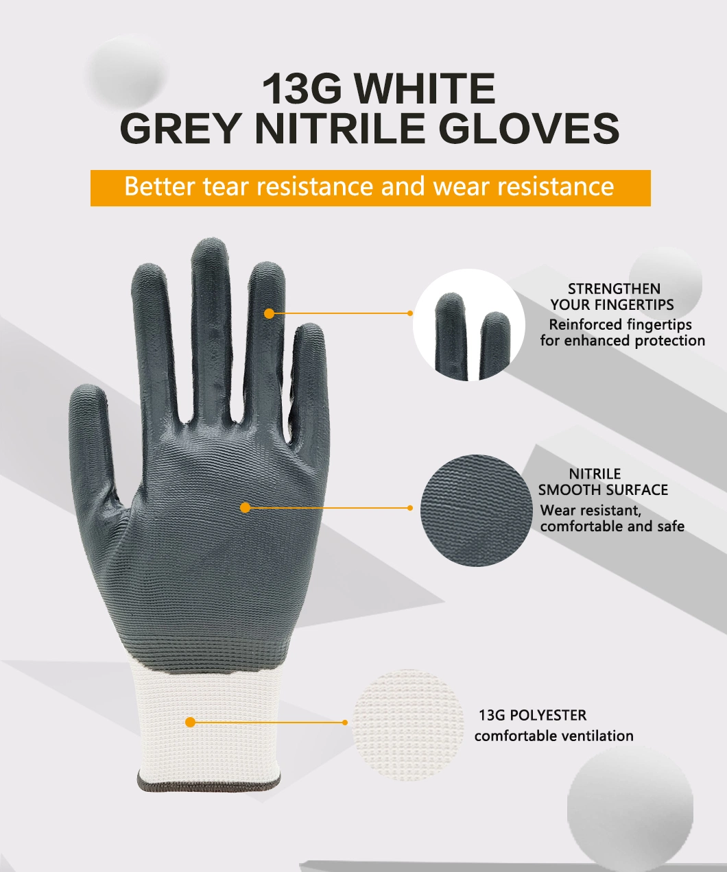 Factoryshop 13gauge Polyester Liner Gray Nitrile Palm Dipped Coated Protective Safety Work Industrial Construction Labor Hand Working Best Gloves