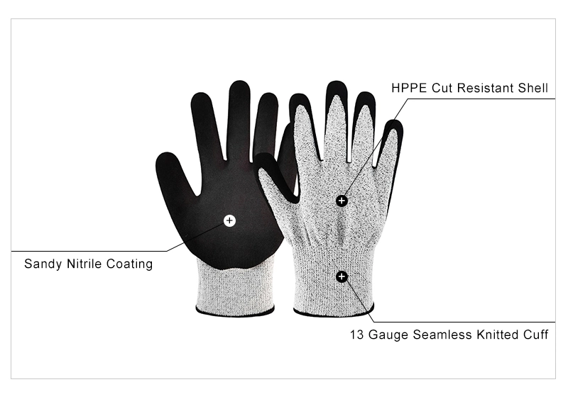 13 Gauge Hppe Sandy Nitrile Palm Cut Resistant Working Glove